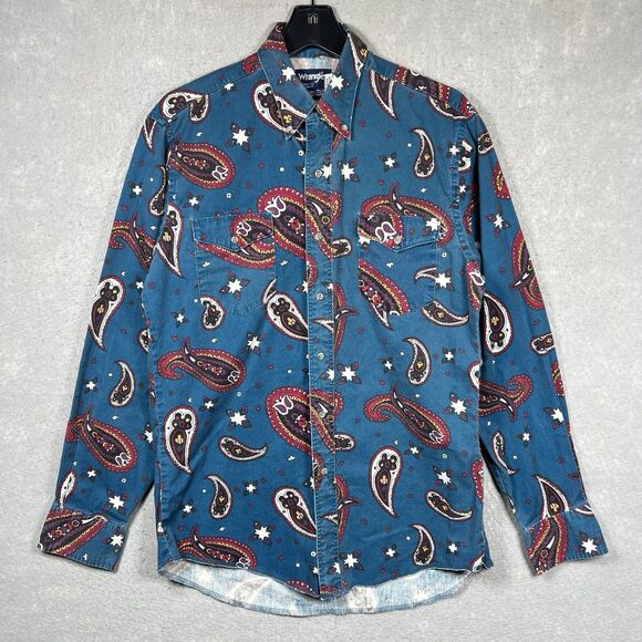 VTG 90s Wrangler Multicolor Western Aztec Shirt XL Long Tails 15.5-35 Made US